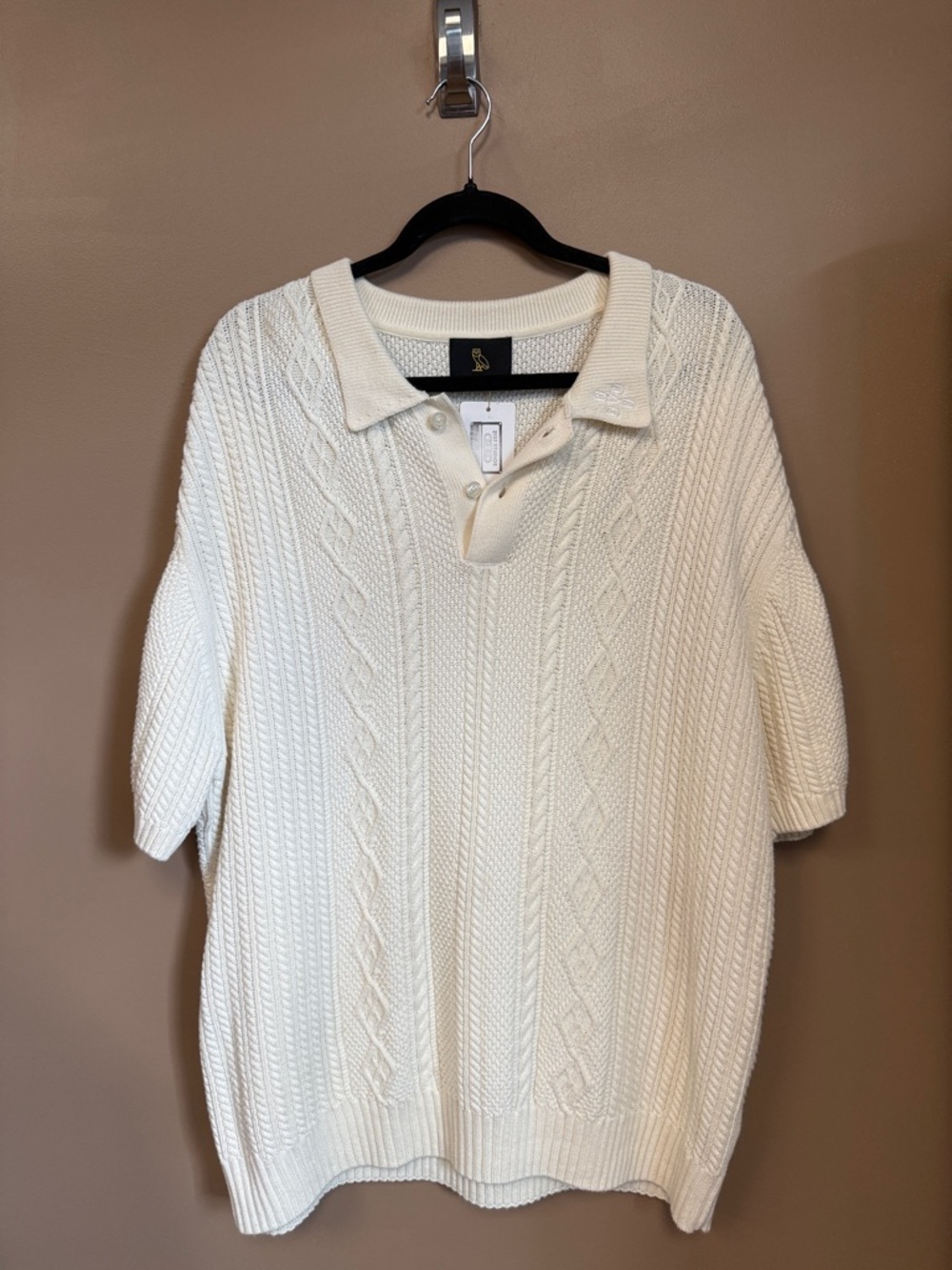 OVO Men's Cream Cable Knit V-Neck Polo Sweater